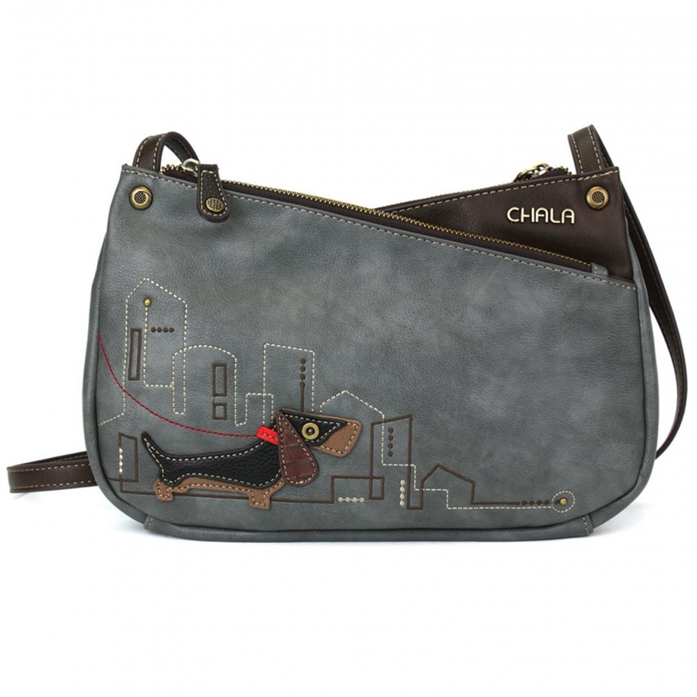 NWT Chala Gray and Brown Crossbody Leather Bag with Dachshund Accent